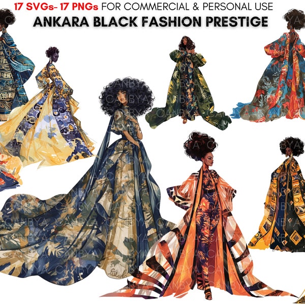 African american high Fashion png svg Clipart bundle, Black girls in ankara patterned dresses painting, wax high fashion, digital art print.