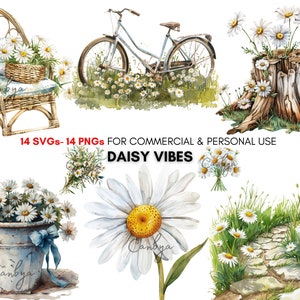 Watercolor Daisy png svg Clipart bundle, Spring clipart, floral clip art, digital download, for stickers, planners, junk journals...