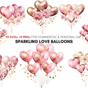 Watercolor heart shaped pink & golden balloon svg png Clipart, glitter birthday, baby shower, wedding balloon art prints, flower balloons.