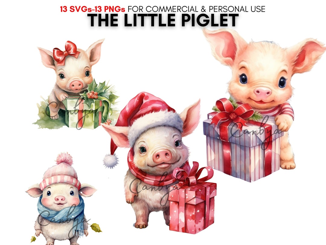 Watercolor Christmas Pig Svg Png Clipart Bundle, Winter Animal Digital ...
