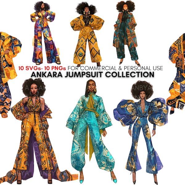 African american Fashion png svg Clipart bundle, black girls in ankara stylish Jumpsuits painting, digital download, art print.