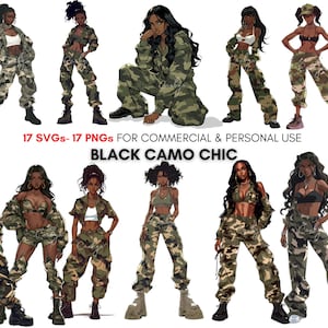 African american camo fashion anime girl png svg Clipart bundle, watercolor military black women paintings, digital download, art print.