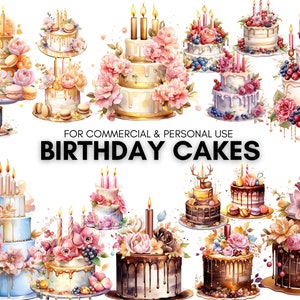 Peut inclure: Une collection d'illustrations aquarelle de gâteaux d'anniversaire décorés de fleurs, de bougies et d'autres détails festifs. Les gâteaux sont de formes et de tailles variées, et certains ont un aspect rustique ou vintage. Le texte "FOR COMMERCIAL & PERSONAL USE BIRTHDAY CAKES" est affiché en bas de l'image.