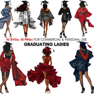 Watercolor graduation black girl's look svg ong clipart bundle, african american graduation party clipart, fashion graduates, digital prints