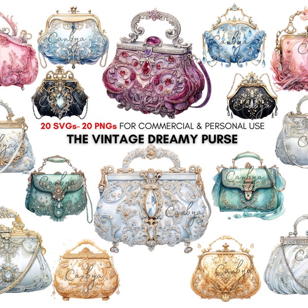 vintage crystal purse svg png clipart bundle, vintage fashion girl accessories, retro bags digital prints.