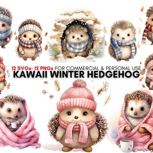 watercolor kawaii winter hedgehog svg png digital clipart, animal print