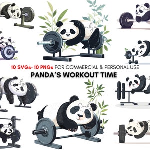 watercolor kawaii panda workout png svg prints, funny & lazy panda clipart, cute animal digital art prints for stickers, planners...