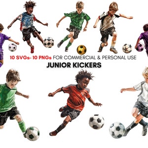Aquarell-Clipart mit Junior-Fußballspielern, PNG, SVG zum Ausdrucken, digitale Fußballdrucke, Kinder-Clipart für Einladungen, Aufkleber, Junk Journal ...