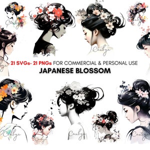 Watercolor japanese women with cherry blossom flower hairstyle png svg clipart bundle, geisha girl's portraits, digital prints.