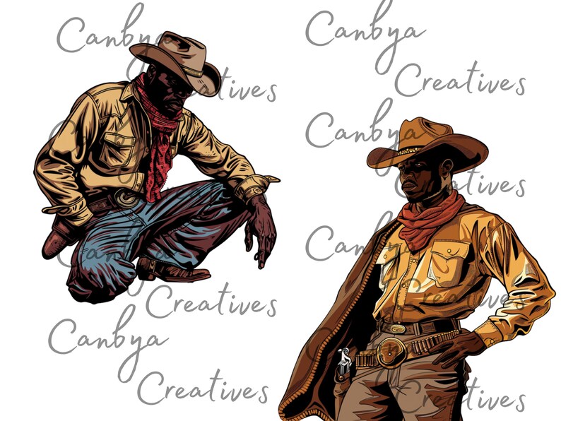 african american western clip art bundle, watercolor vintage and retro styled illustrations, digital prints for instant digital download.
