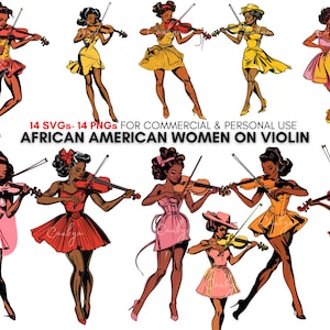 Retro African american women on violin clipart prints, vintage black women music art, for t shirt designs, stickers, planners...