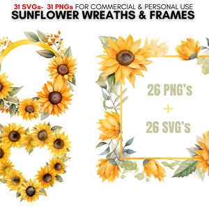 Watercolor sunflower wreaths and frames svg png clipart bundle, floral clipart, spring clipart, digital download