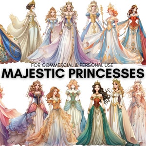 Könnte beinhalten: Eine Sammlung von 14 digitalen Illustrationen von Prinzessinnen in verschiedenen bunten Kleidern und Kronen. Der Text "FOR COMMERCIAL & PERSONAL USE" und "MAJESTIC PRINCESSES" wird unter den Bildern angezeigt.
