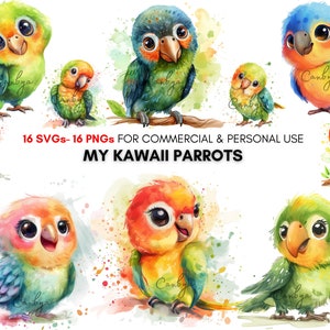 watercolor kawaii baby parrots clipart, Cute big-eyed parrots, digital animal art prints, cute parrots for planners or junk journals etc.
