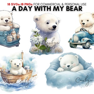 Kawaii watercolor baby polar bear svg png digital clipart bundle, winter animal art print, christmas clipart, nursery prints