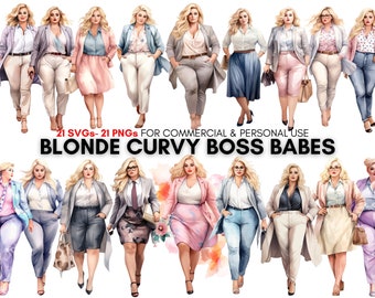 watercolor Blonde curvy boss babe girl svg png digital clipart prints, Boss lady fashion set.