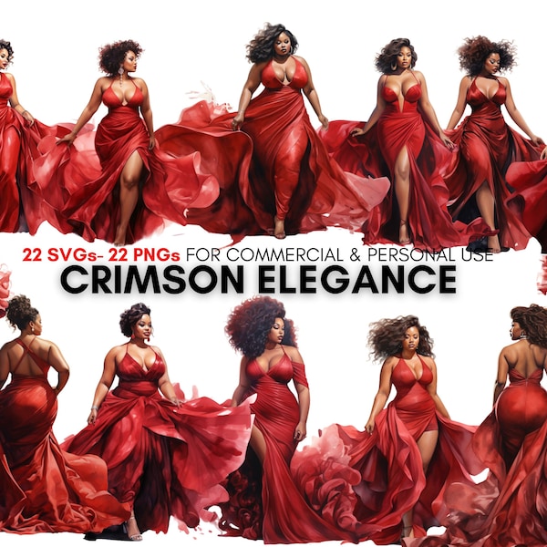 watercolor curvy black girl fashion in red dresses svg png clipart bundle, digital prints