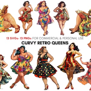 watercolor retro curvy woman png svg clipart, fashion girl's pin up outfits, vintage, art prints, scrapbooking, sublimation, junk journal...