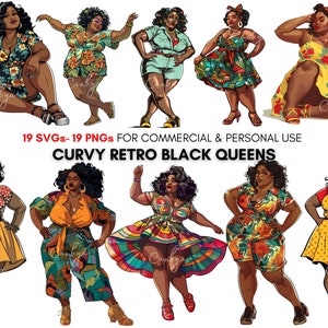 Clipart in formato png svg di donne afroamericane curve retrò ad acquerello, ragazze pin up nere, stampe digitali, scrapbooking, sublimazione...