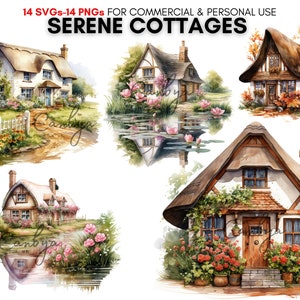 Watercolor country cottage SVG PNG Clipart Bundle, Medieval times British-style houses, Digital Prints
