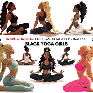 Paquete de imágenes prediseñadas de una chica de yoga afroamericana, arte imprimible original de una chica negra para planificadores de fitness, pegatinas, diarios basura y tarjetas de invitación.