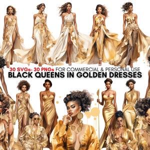 Regine nere in abiti dorati, clipart ragazza moda, glam dorato, donna afro-americana png clipart in formato SVG, clipart retrò png e SVG
