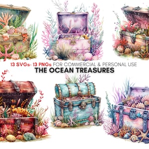 May include: Five watercolor illustrations of open treasure chests filled with seashells, coral, and starfish. The chests are painted in various colors, including brown, blue, pink, and red. The text "13 SVGs-13 PNGs FOR COMMERCIAL & PERSONAL USE THE OCEAN TREASURES" is written below the images.