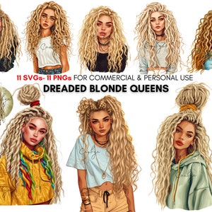 ドレッドヘアを持つ水彩のブロンドの女性 PNG SVG クリップアート バンドル、ドレッドヘアを持つブロンドのファッションの女の子、デジタル アート プリント、