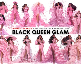 Black queen glam, fashion girl clipart, pink glam, african american woman clipart, retro clipart png &#39;s, retro clipart svg &#39;s, digital print
