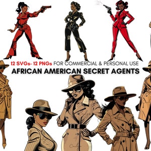 Retro African american secret agents clipart prints, vintage black women, fashion girl clipart, for t shirt designs, stickers, planners...