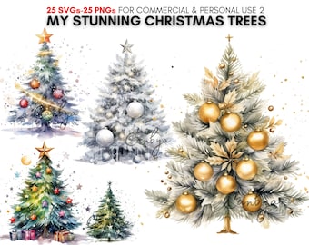 25 acuarela árbol de Navidad svg png clipart paquete, impresiones digitales, uso personal y comercial