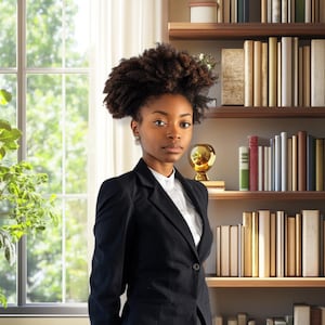 Peut inclure: Une personne portant un blazer noir et une chemise blanche se tient devant une fenêtre et une étagère remplie de livres. Un globe doré est posé sur une pile de livres. Des plantes vertes sont au premier plan et sur l'étagère.