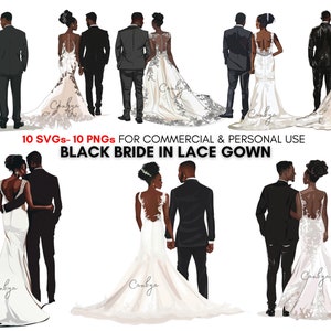 African american wedding svg png clipart, Elegant black brides in lace gowns and handsome grooms sublimation designs, digital prints.