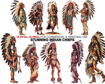 Stunning Indian Chief png svg files, Retro indian women clipart, fashion girl clipart, digital prints for stickers, planners, scrapbooking