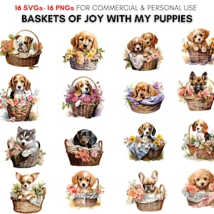 Watercolor baby puppy in a flower basket png svg clipart, cute dog illustrations, nursery decor, printable animal digital art commercial use