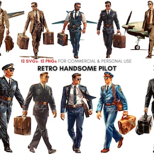 Retro handsome pilot png svg Clipart bundle, fashion man clipart, Vintage boys art,  Instant Digital Download for Planners, Junk Journals...