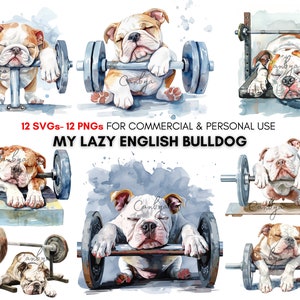 watercolor kawaii lazy bulldog workout png svg prints, funny english bulldog clipart, cute animal digital art prints.