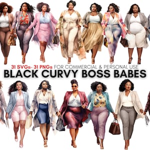 Watercolor black curvy boss babe svg png digital clipart prints, Boss lady fashion downloads.