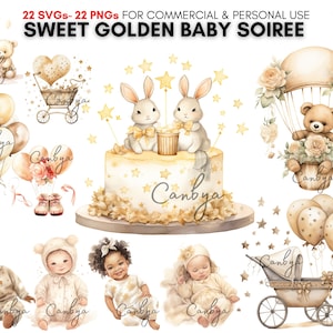 Watercolor golden boy & girl Baby Shower SVG PNG Clipart Bundle, Newborn unisex digital art prints, glitter balloons, bears and bunnies ..