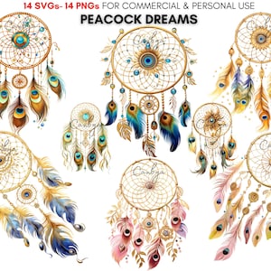 Peut inclure: Ensemble de 10 attrape-rêves dorés avec des plumes de paon. Chaque attrape-rêves a une frange de perles et un cercle central avec un motif de toile d'araignée. Les plumes sont dans des tons de bleu, vert et rose.