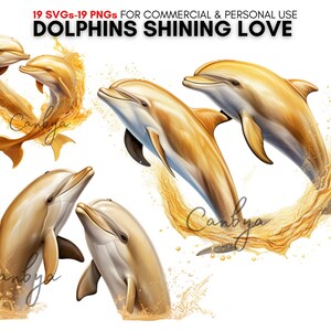 Aquarell mythischer goldener Delfin SVG PNG digitales Clipart-Bundle, unter dem Meeresleben, Delfine leuchtende Liebe