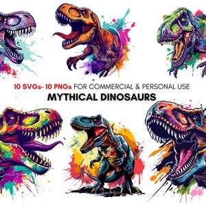 Watercolor Mythical colorful Dinosaurs svg png clipart bundle, Stunning Dinosaur designs for t shirt designs, stickers, party invitations...