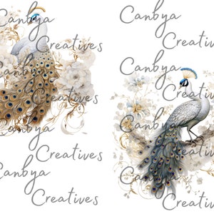 Op de afbeelding: Twee pauwen met witte en grijze veren en blauwe accenten staan in een bloemstuk met witte bloemen en gouden accenten. De tekst "Canbya Creatives" verschijnt meerdere keren in de afbeelding.