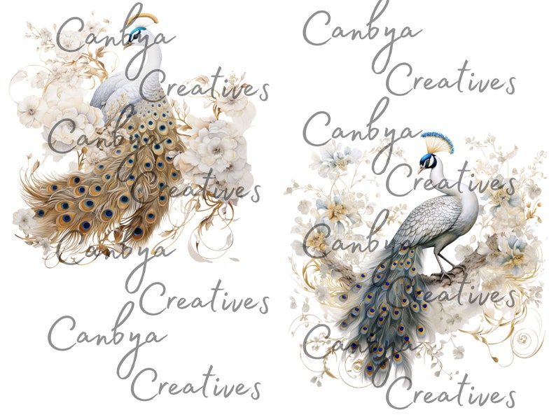 Op de afbeelding: Twee pauwen met witte en grijze veren en blauwe accenten staan in een bloemstuk met witte bloemen en gouden accenten. De tekst "Canbya Creatives" verschijnt meerdere keren in de afbeelding.