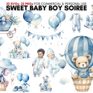 Watercolor blue boy Baby Shower Clipart Bundle, Newborn Images, Cute Children Celebration Graphics, sweet baby boy soiree, Digital Download