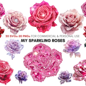 Watercolor sparkling roses png svg Cliparts, Glitter roses print, floral prints, flower art, Digital botanical prints, Personal & Commercial