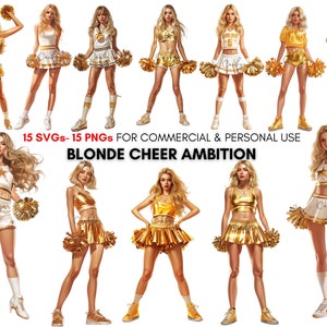 Watercolor blonde cheer png svg clipart, blonde fashion cheer girl's golden outfit, digital prints, scrapbooking, sublimation, junk journal.