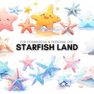 Terra de estrela do mar Kawaii, estrela do mar colorida, clipart aquarela para uso comercial e pessoal - 20 PNGs transparentes, designs diferentes