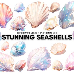 Puede incluir: Una colección de conchas iridiscentes de diversas formas y tamaños. Las conchas están pintadas con un acabado nacarado, lo que les da un efecto brillante. El texto "FOR COMMERCIAL & PERSONAL USE STUNNING SEASHELLS" se muestra debajo de las conchas.