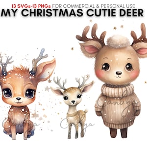 13 watercolor little reindeer svg png cliparts, christmas santas reindeer clipart bundle, digital prints, instant download